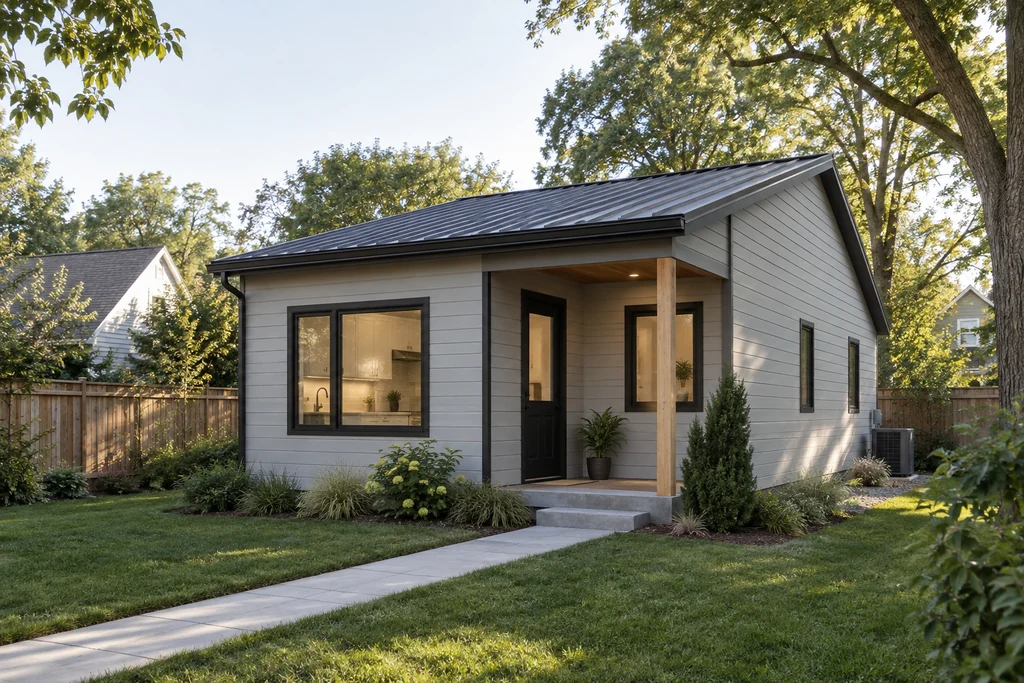 Illustrative compact one-story backyard ADU with light-gray lap siding, a charcoal shed roof, a covered entry porch and a paved walk.